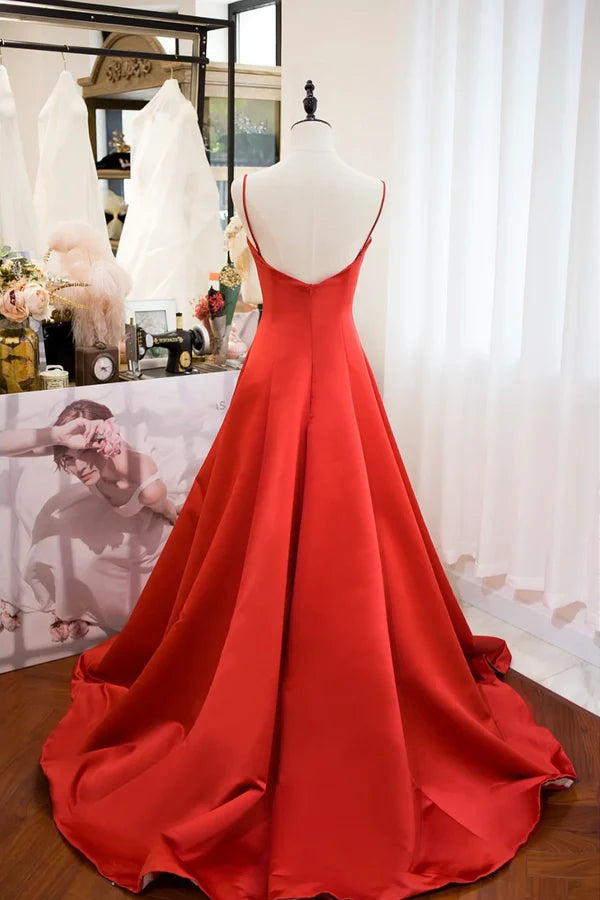 Wholesale Red Spaghetti Strap Satin Long Prom Dress Simple A-Line Evening Party Dress