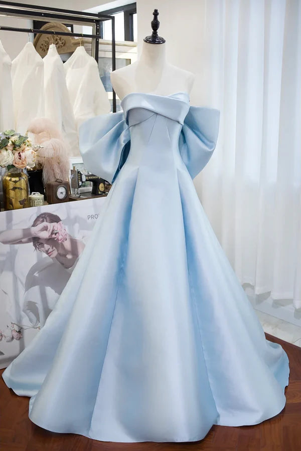 Wholesale Blue Satin Spaghetti Strap Long Prom Dress with Big Bow Blue A-Line Evening Party Dress