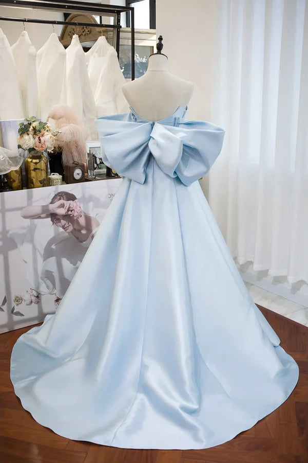 Wholesale Blue Satin Spaghetti Strap Long Prom Dress with Big Bow Blue A-Line Evening Party Dress