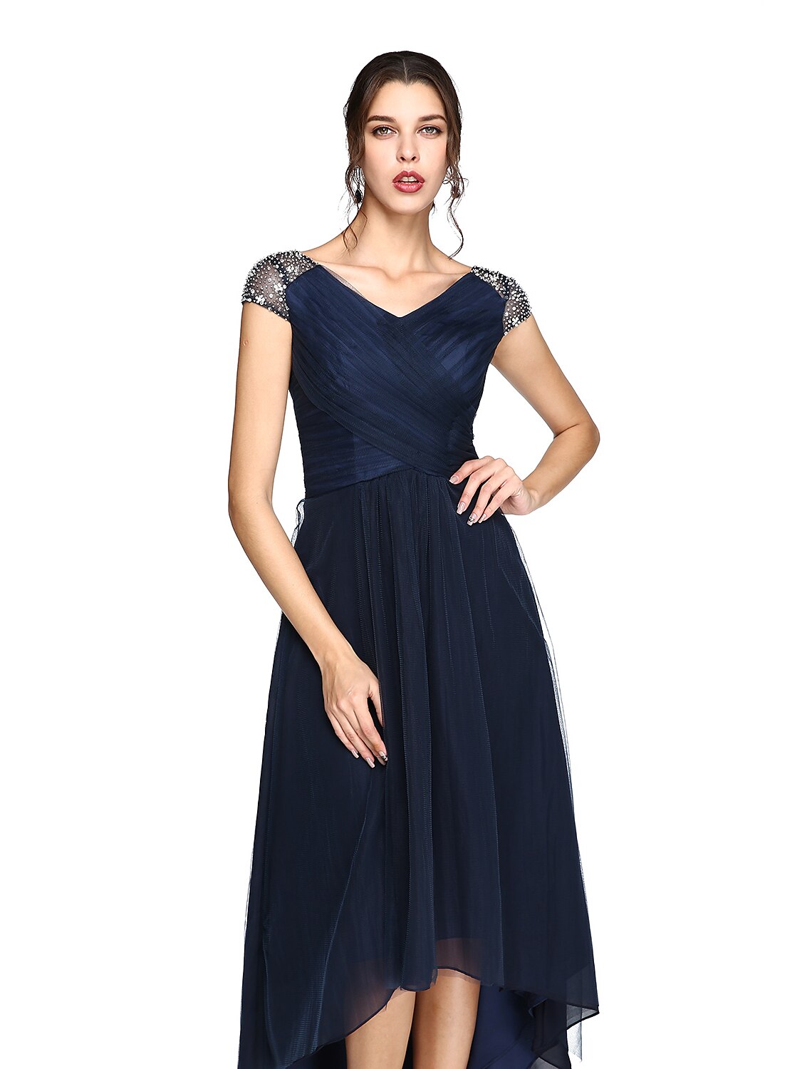 Wholesale  Sheath / Column Minimalist Dress Wedding Guest Prom Asymmetrical Short Sleeve V Neck Bridesmaid Dress Tulle V Back with Criss Cross Pleats Beading