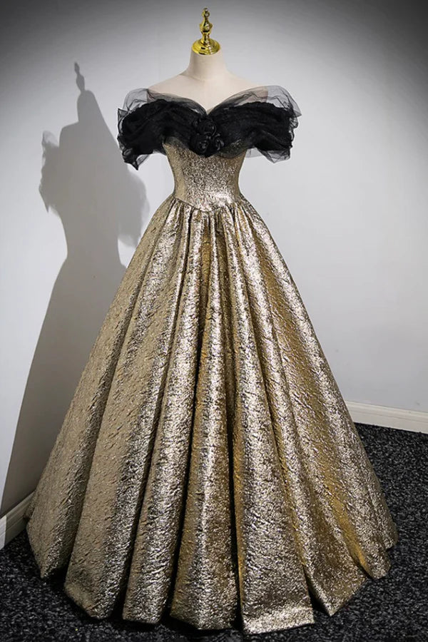 Wholesale Sparkly Black and Gold Glitter Prom Dresses Ball Gown Off the Shoulder Evening Party Dress