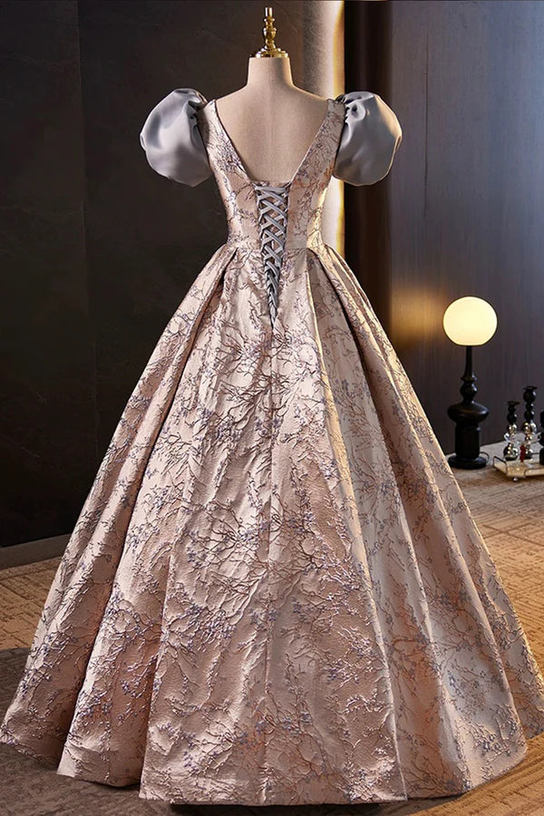 Wholesale Fashion Floor-Length Printing Prom Dresses A-Line Short Sleeve Backless Evening Formal Dresses