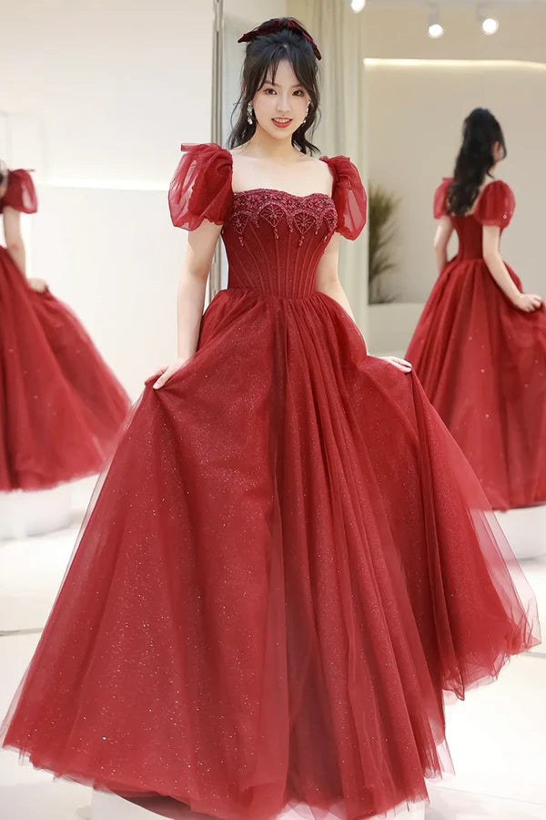 Wholesale Burgundy Tulle Beaded Floor Length Prom Dress Beautiful Short Sleeve Evening Party Dress