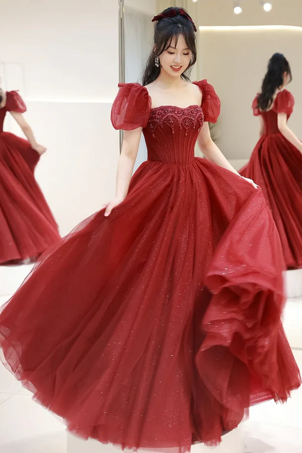 Wholesale Burgundy Tulle Beaded Floor Length Prom Dress Beautiful Short Sleeve Evening Party Dress