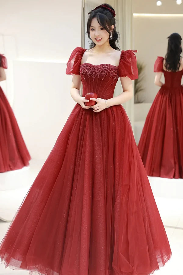 Wholesale Burgundy Tulle Beaded Floor Length Prom Dress Beautiful Short Sleeve Evening Party Dress