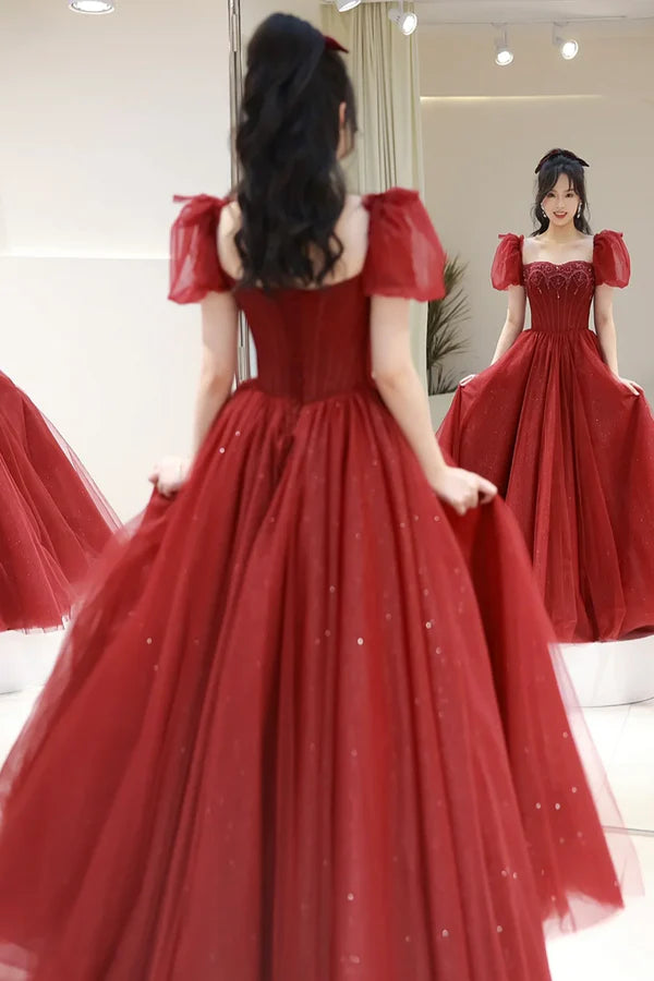 Wholesale Burgundy Tulle Beaded Floor Length Prom Dress Beautiful Short Sleeve Evening Party Dress