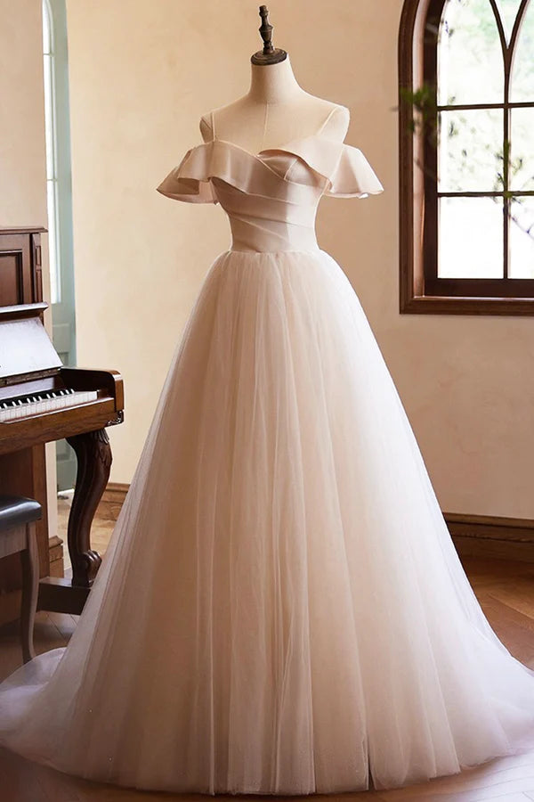 Wholesale Champagne Spaghetti Straps Floor Length Prom Dresses A-Line Sleeveless Backless Evening Party Dress