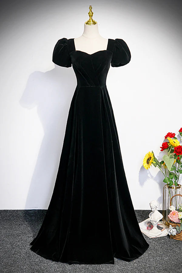 Wholesale Black Velvet Short Sleeve Floor Length Prom Dress Simple A-Line Evening Party Dress