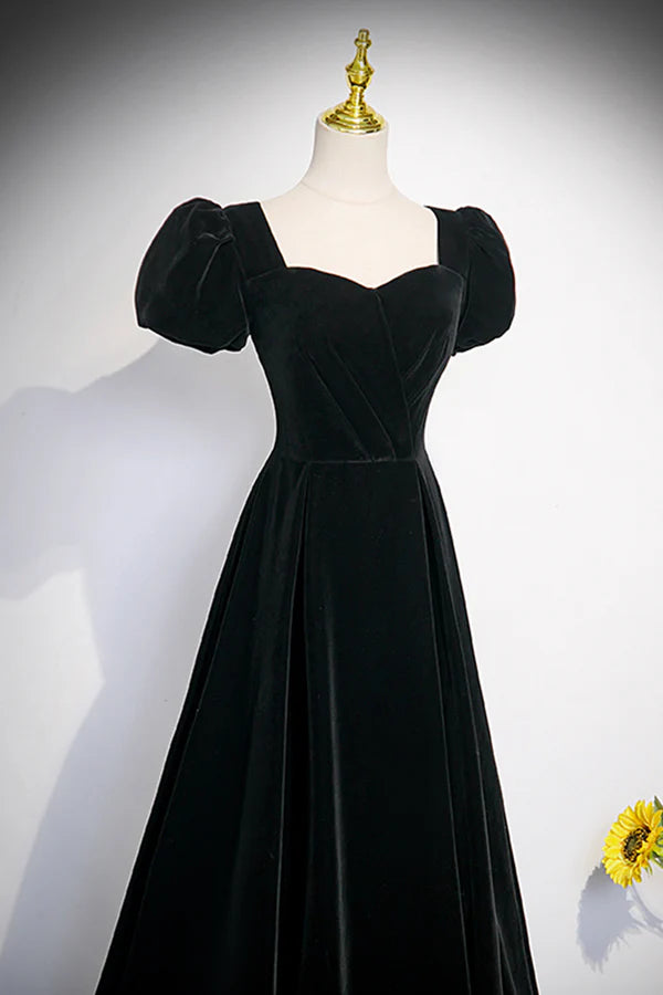 Wholesale Black Velvet Short Sleeve Floor Length Prom Dress Simple A-Line Evening Party Dress