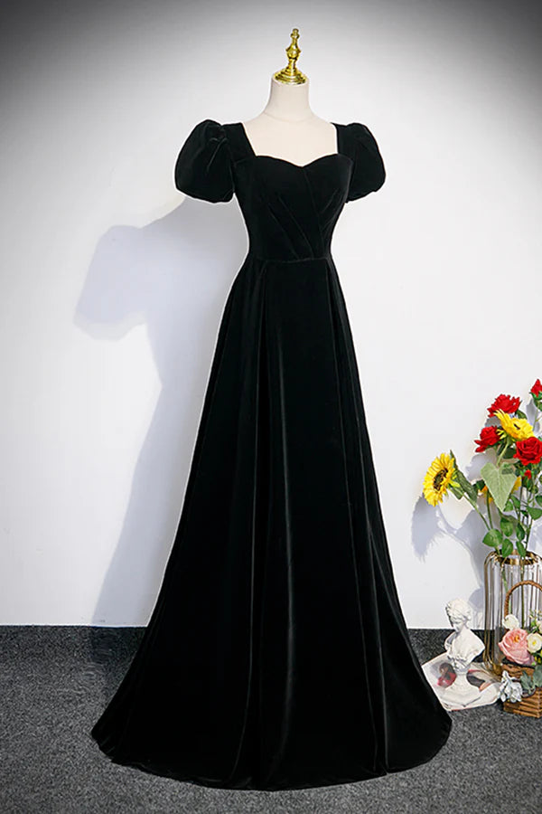Wholesale Black Velvet Short Sleeve Floor Length Prom Dress Simple A-Line Evening Party Dress