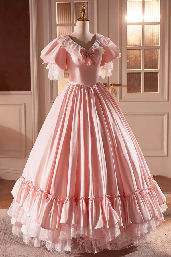 Wholesale Pink Satin Lace Long Prom Dress Pink Short Sleeve Evening Party Dress