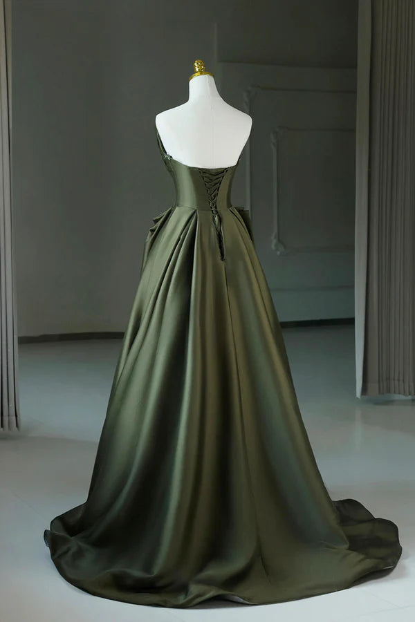 Wholesale A-Line Strapless Satin Long Prom Dress Dark Green Evening Party Dress