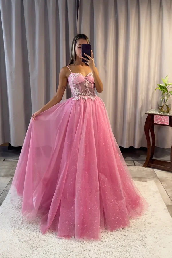 Wholesale Pink Spaghetti Strap Tulle Lace Long Prom Dress Beautiful A-Line Evening Party Dress