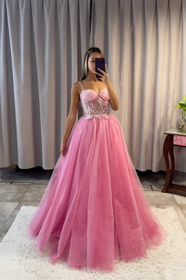 Wholesale Pink Spaghetti Strap Tulle Lace Long Prom Dress Beautiful A-Line Evening Party Dress