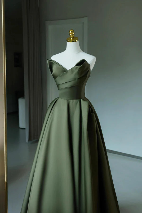 Wholesale A-Line Strapless Satin Long Prom Dress Dark Green Evening Party Dress