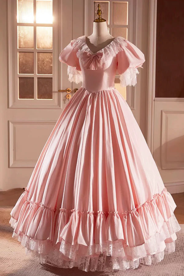 Wholesale Pink Satin Lace Long Prom Dress Pink Short Sleeve Evening Party Dress