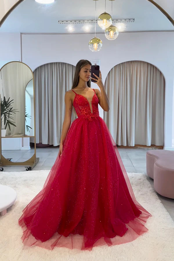 Wholesale Dark Red V-Neck Tulle Spaghetti Strap Long Prom Dress with Lace
