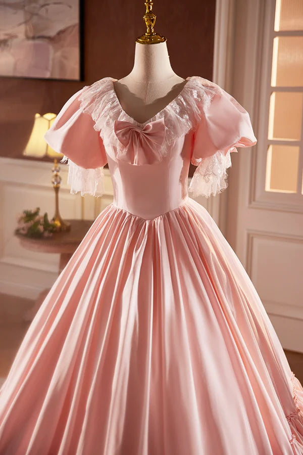 Wholesale Pink Satin Lace Long Prom Dress Pink Short Sleeve Evening Party Dress
