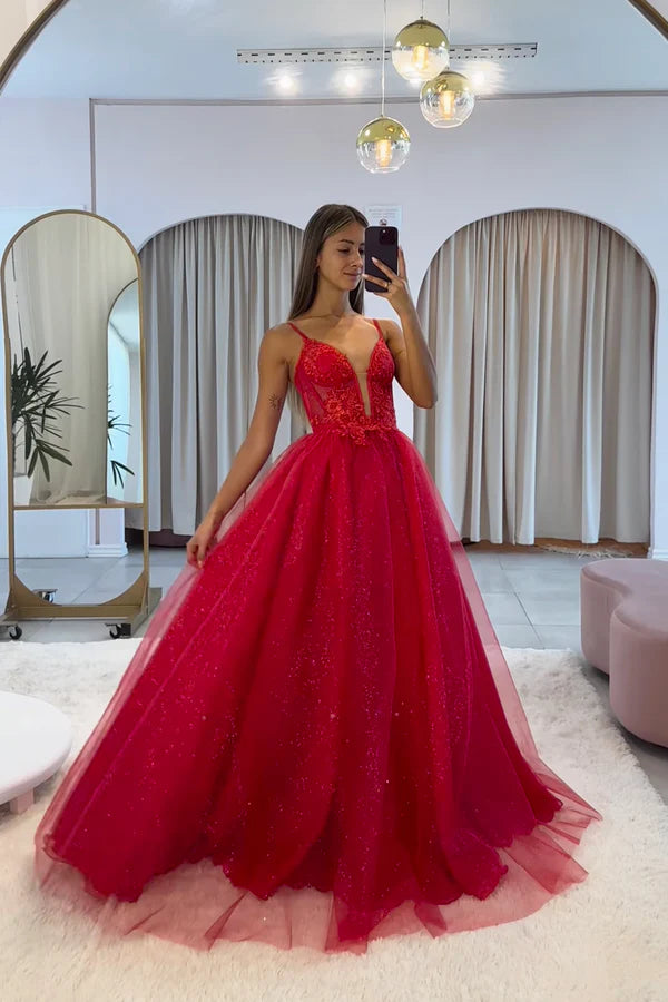 Wholesale Dark Red V-Neck Tulle Spaghetti Strap Long Prom Dress with Lace