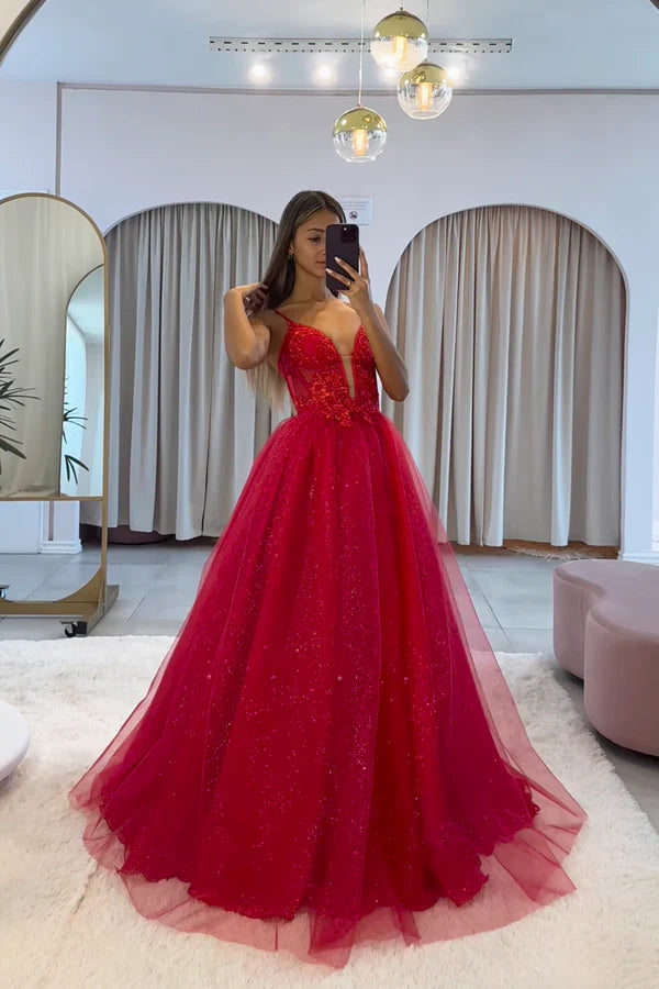 Wholesale Dark Red V-Neck Tulle Spaghetti Strap Long Prom Dress with Lace