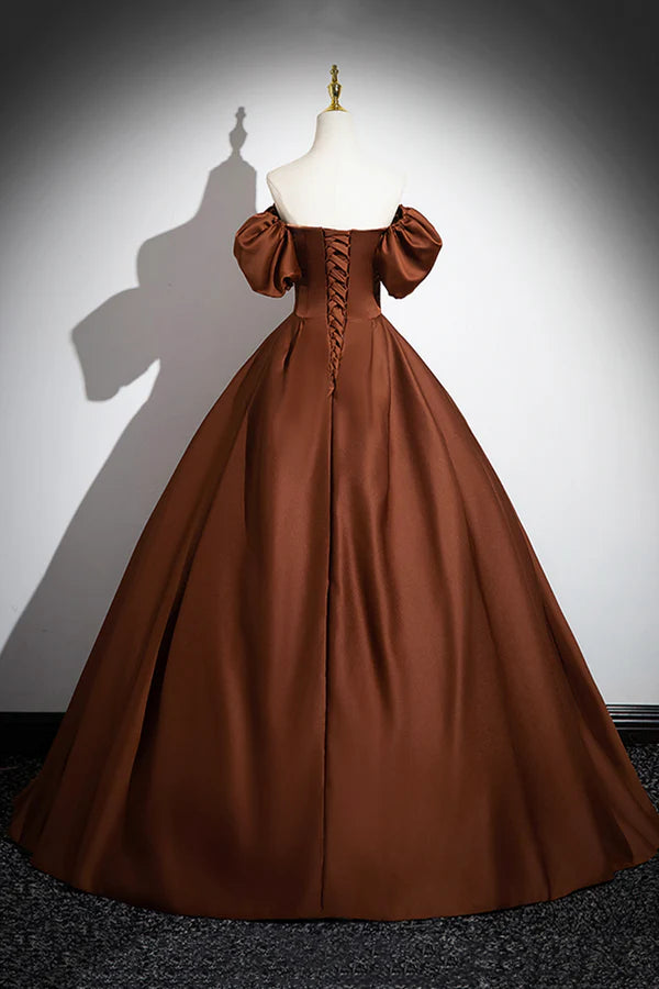 Wholesale Brown Satin Long A-Line Prom Dress Off the Shoulder Evening Party Dress