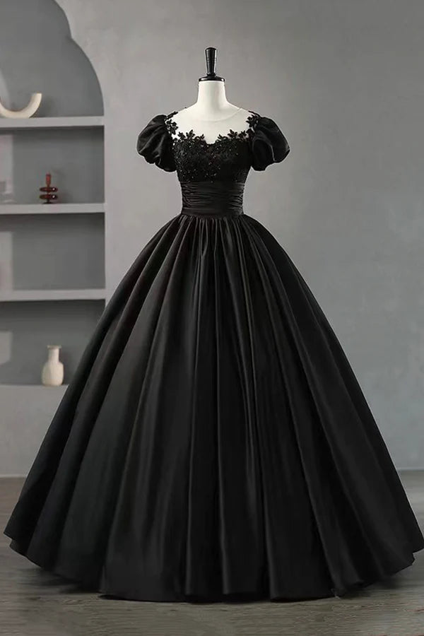 Wholesale Black Satin Lace Long Prom Dress A-Line Scoop Neckline Short Sleeve Evening Dress