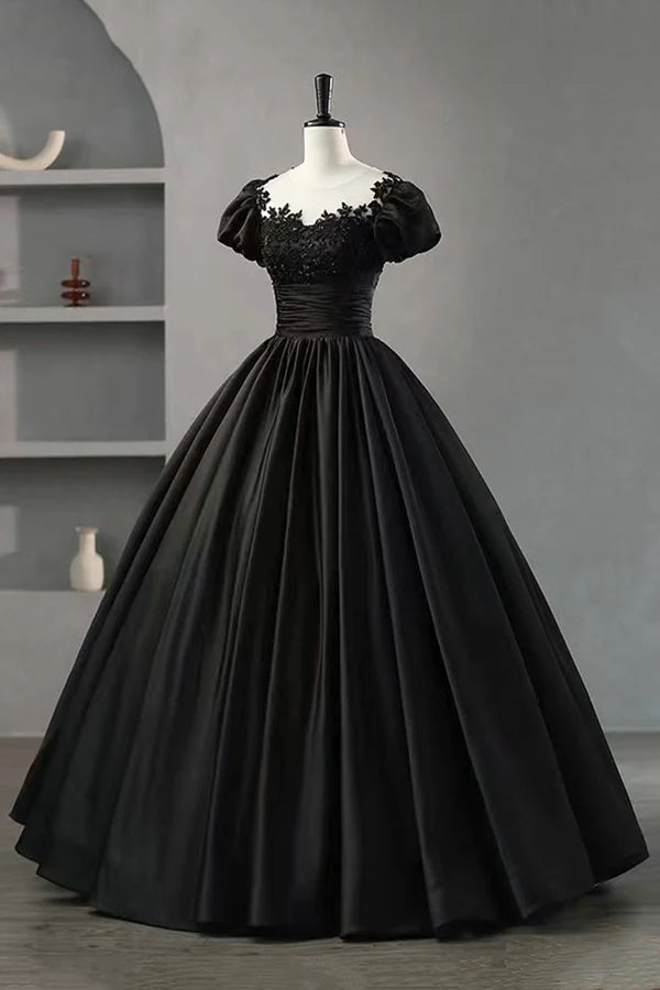 Wholesale Black Satin Lace Long Prom Dress A-Line Scoop Neckline Short Sleeve Evening Dress