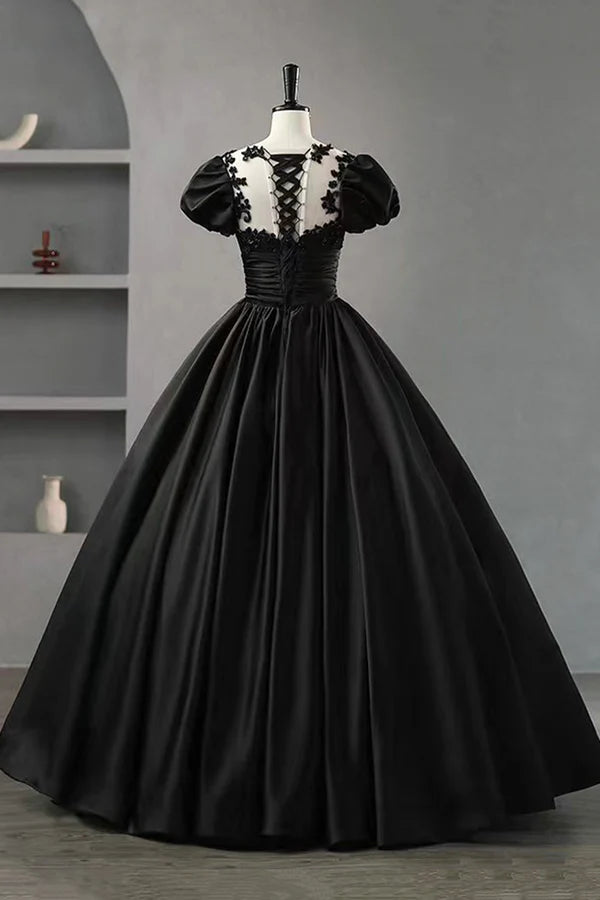 Wholesale Black Satin Lace Long Prom Dress A-Line Scoop Neckline Short Sleeve Evening Dress