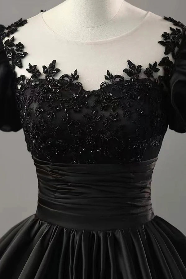 Wholesale Black Satin Lace Long Prom Dress A-Line Scoop Neckline Short Sleeve Evening Dress