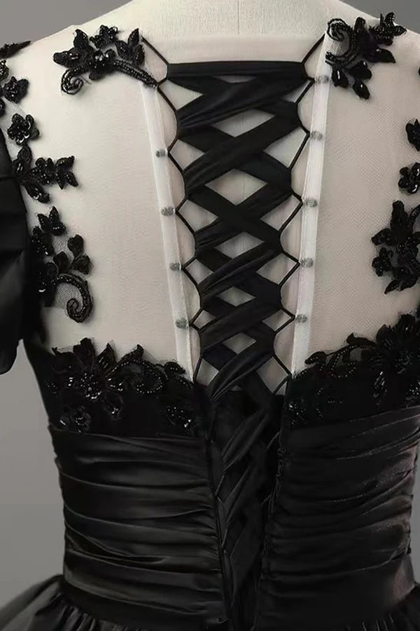 Wholesale Black Satin Lace Long Prom Dress A-Line Scoop Neckline Short Sleeve Evening Dress