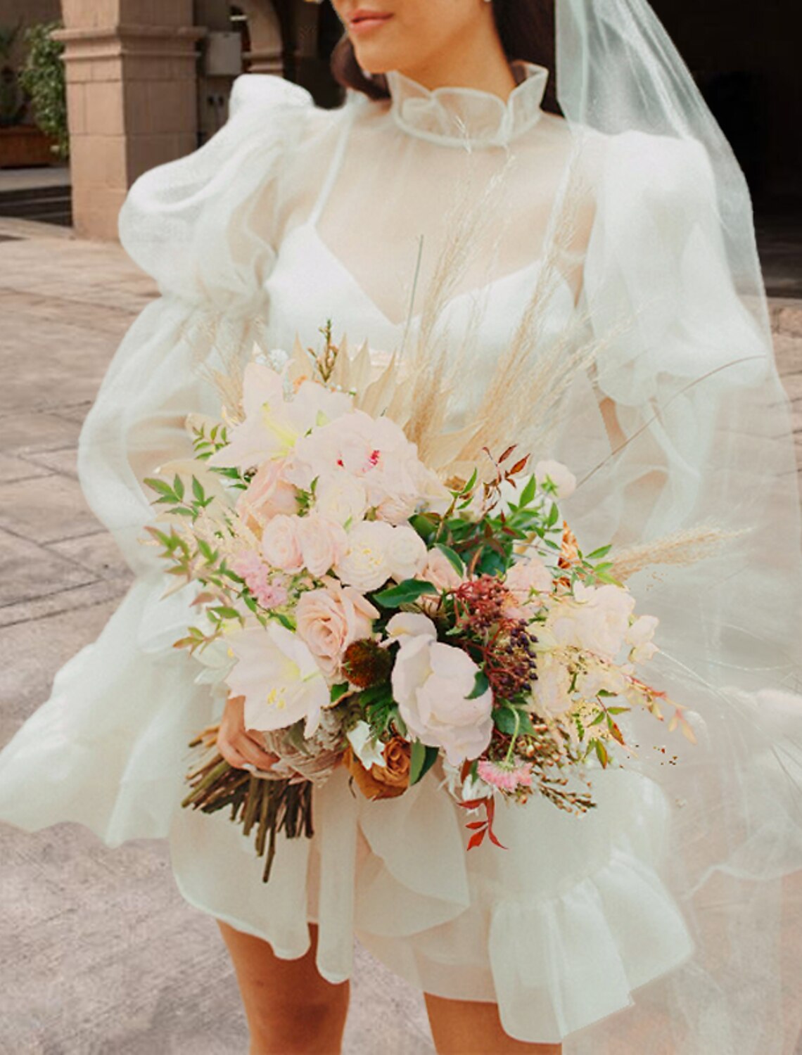 Wholesale Reception Little White Dresses Wedding Dresses A-Line High Neck Long Sleeve Short / Mini Organza Bridal Gowns With Pick Up Skirt