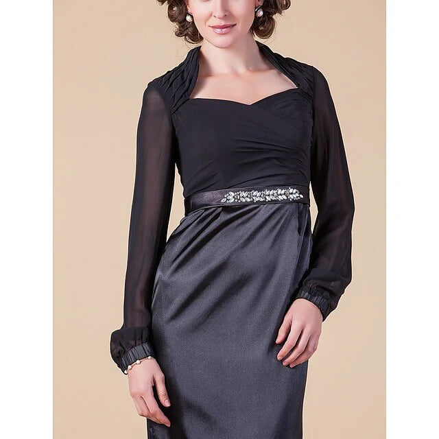 Wholesale Sheath / Column Mother of the Bride Dress Queen Anne Floor Length Chiffon Stretch Satin Long Sleeve with Sash / Ribbon Beading Side Draping