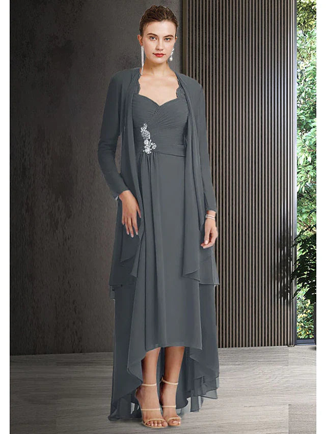 Wholesale Two Piece Sheath / Column Mother of the Bride Dress Elegant High Low Bateau Neck Asymmetrical Chiffon Lace 3/4 Length Sleeve Jacket Dresses with Draping Crystal Brooch