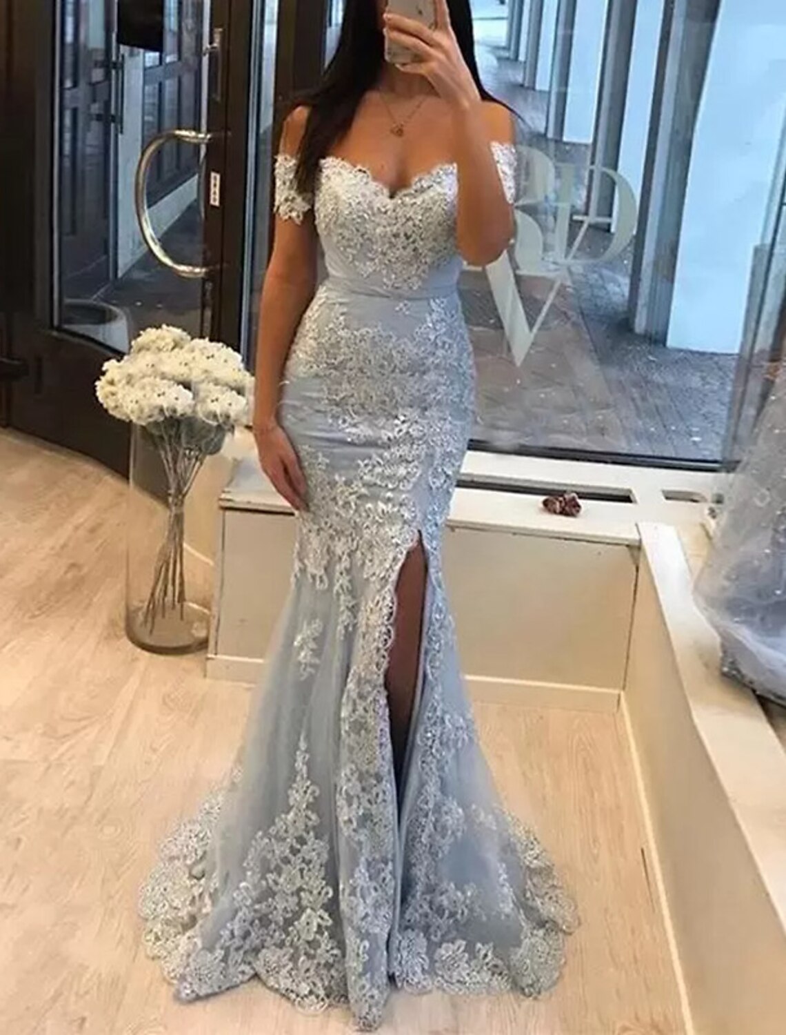 Wholesale Mermaid / Trumpet Prom Dresses Luxurious Dress Formal Wedding Guest Sweep / Brush Train Sleeveless Off Shoulder Tulle with Slit Appliques