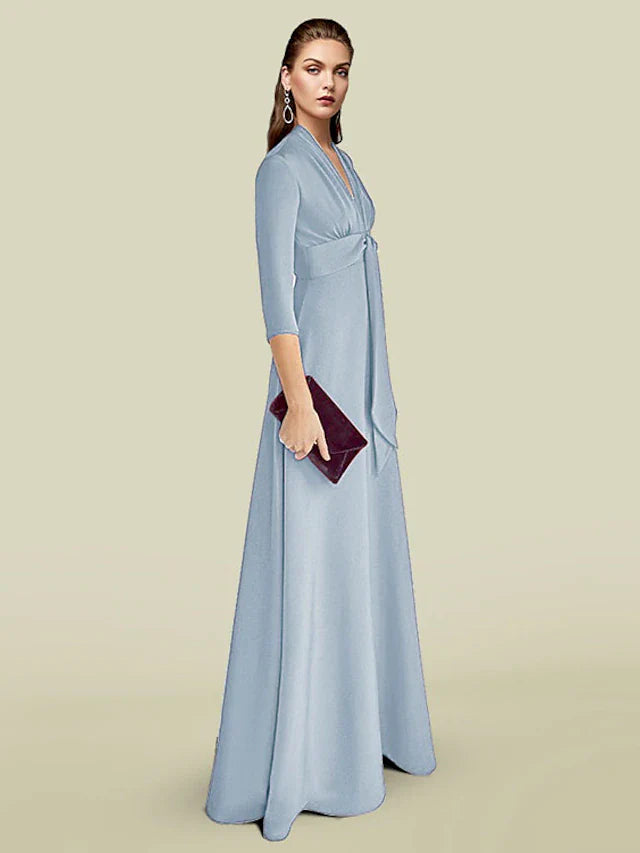 Wholesale A-Line Mother of the Bride Dress Elegant V Neck Floor Length Charmeuse 3/4 Length Sleeve with Ruching