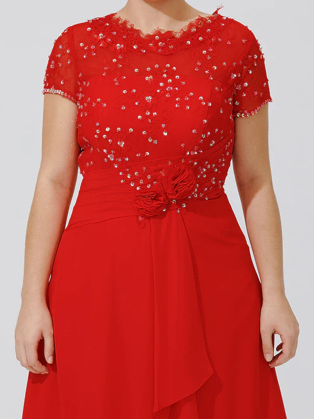 Wholesale A-Line Mother of the Bride Dress Elegant & Luxurious Beautiful Back Plus Size Jewel Neck Knee Length Chiffon Beaded Lace Short Sleeve No with Pleats Beading Flower