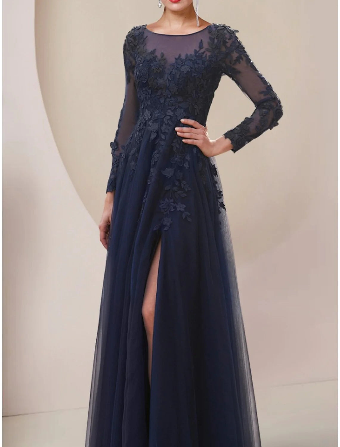 Wholesale A-Line Mother of the Bride Dress Wedding Guest Elegant Scoop Neck Ankle Length Lace Tulle Long Sleeve with Split Front Ruching