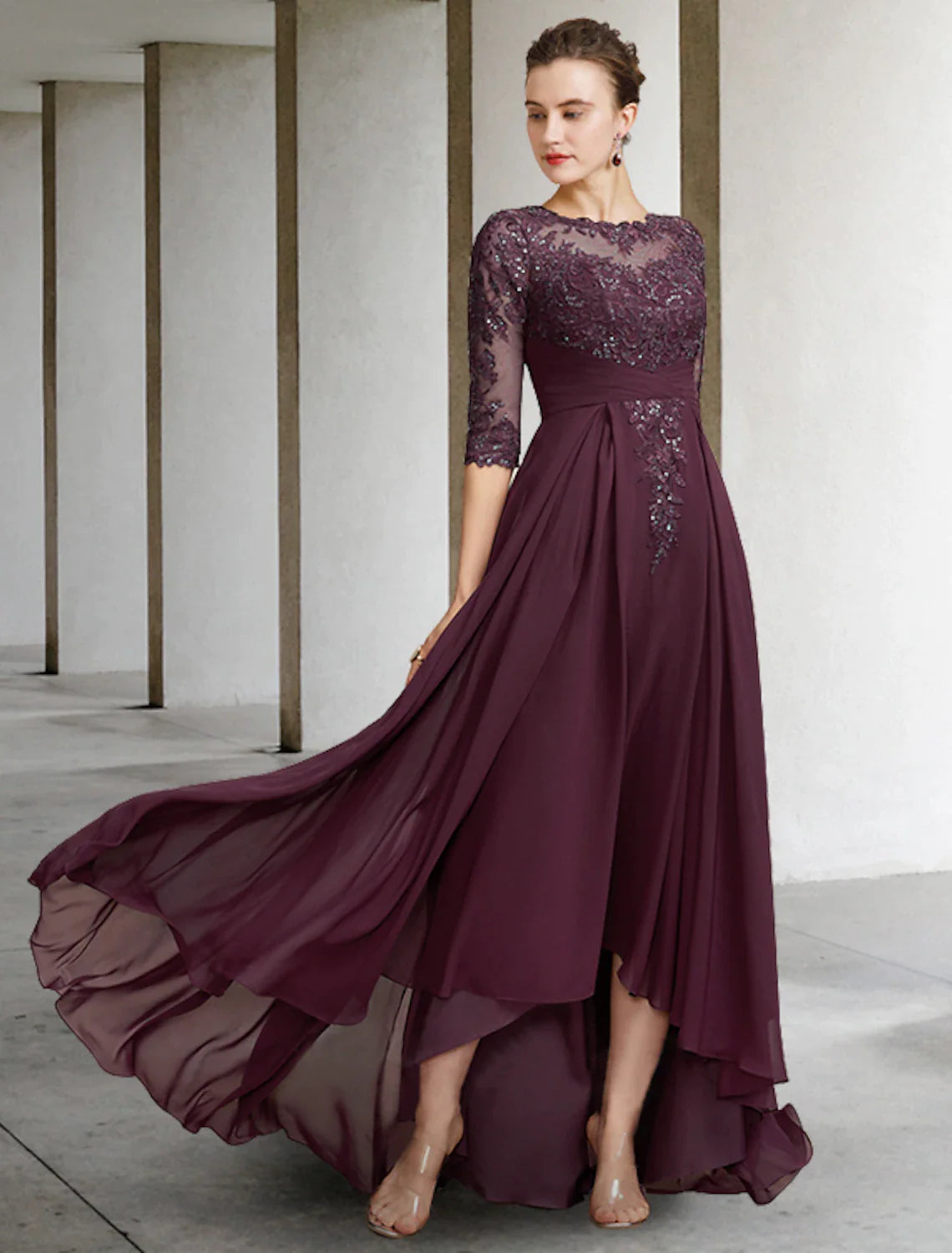 Wholesale A-Line Mother of the Bride Dress Elegant High Low Jewel Neck Asymmetrical Floor Length Chiffon Lace Half Sleeve with Pleats Appliques