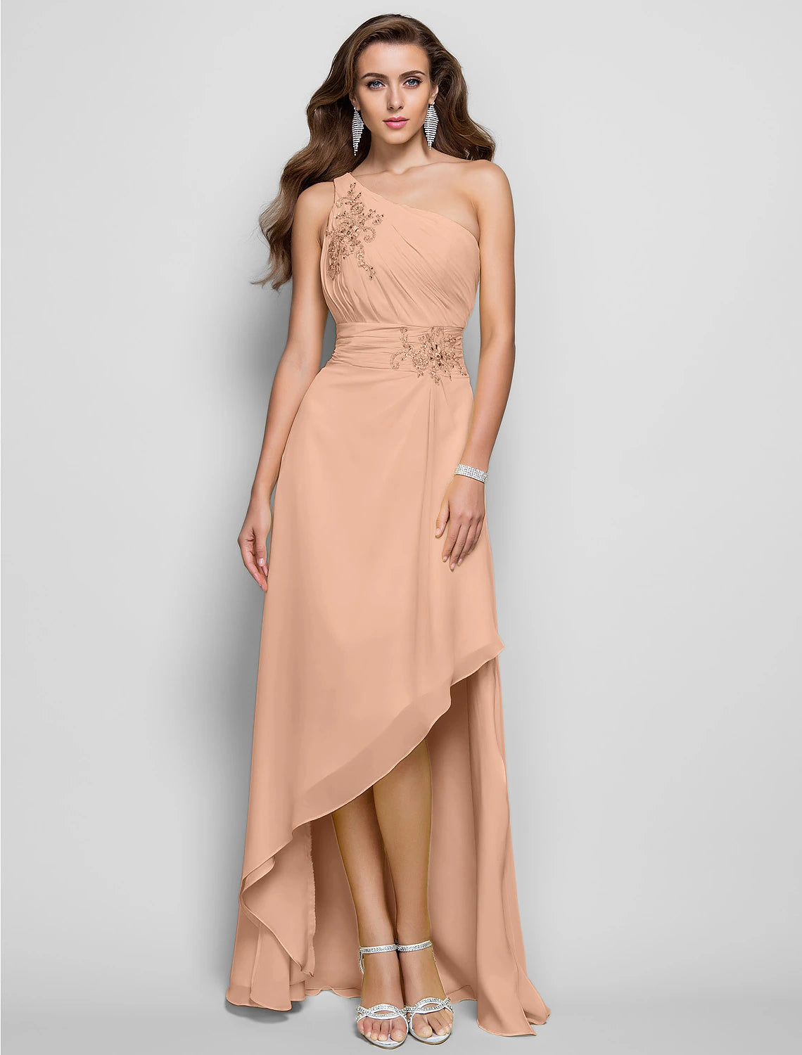 Wholesale  Sheath / Column Elegant Dress Wedding Guest Cocktail Party Asymmetrical Sleeveless One Shoulder Bridesmaid Dress Chiffon with Beading Slit Appliques