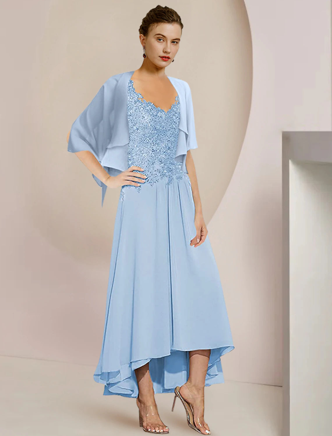 Wholesale  Two Piece A-Line Mother of the Bride Dress Formal Wedding Guest Elegant High Low V Neck Asymmetrical Tea Length Chiffon Lace 3/4 Length Sleeve Wrap Included with Sequin Appliques