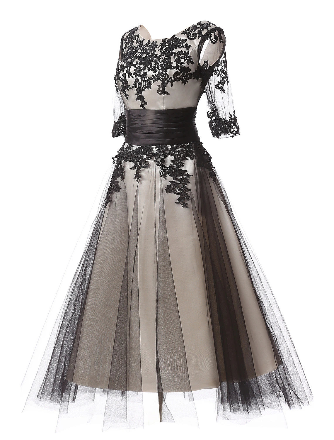 Wholesale Ball Gown Evening Gown Color Block Dress Formal Evening Ankle Length Half Sleeve Jewel Neck Fall Wedding Guest Lace with Lace Insert Appliques