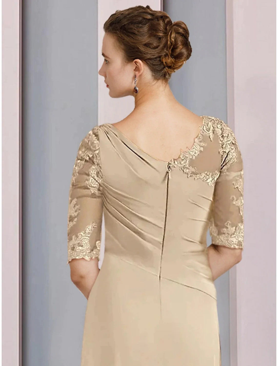 Wholesale Sheath / Column Mother of the Bride Dress Wedding Guest Elegant Scoop Neck Floor Length Chiffon Half Sleeve with Lace Ruffles Ruching