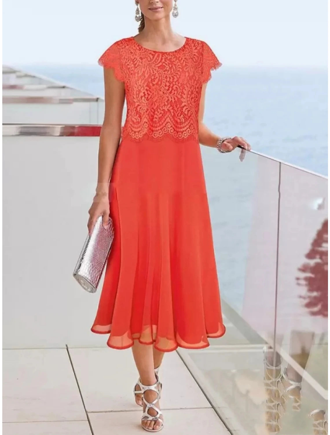 Wholesale Sheath / Column Mother of the Bride Dress Wedding Guest Elegant Vintage Scoop Neck Tea Length Chiffon Lace Cap Sleeve with Pleats Solid Color