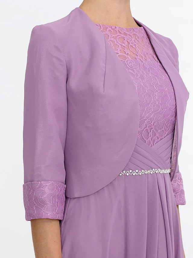 Wholesale Two Piece Ball Gown A-Line Mother of the Bride Dress Formal Church Convertible Dress High Low See Through Illusion Neck Asymmetrical Chiffon Lace 3/4 Length Sleeve with Crystals