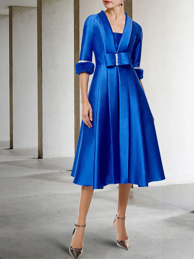 Wholesale Two Piece A-Line Mother of the Bride Dress Elegant Jewel Neck Tea Length Satin Half Sleeve Jacket Dresses with Bow(s) Pleats Crystals