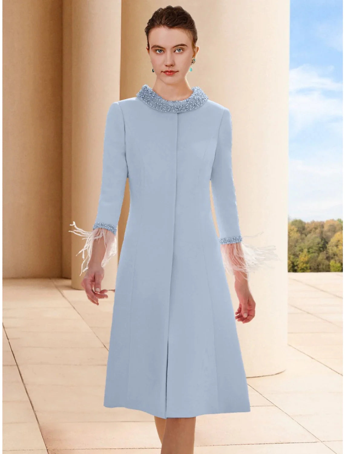 Wholesale Two Piece Sheath / Column Mother of the Bride Dress Wedding Guest Elegant Petite Scoop Neck Knee Length Satin 3/4 Length Sleeve with Feather Beading