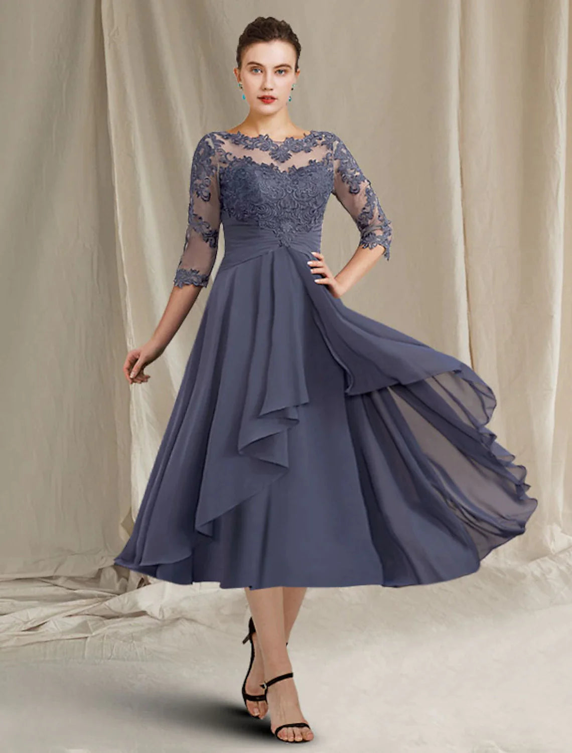 Wholesale A-Line Mother of the Bride Dress Plus Size Elegant Jewel Neck Tea Length Chiffon Lace 3/4 Length Sleeve with Pleats Appliques