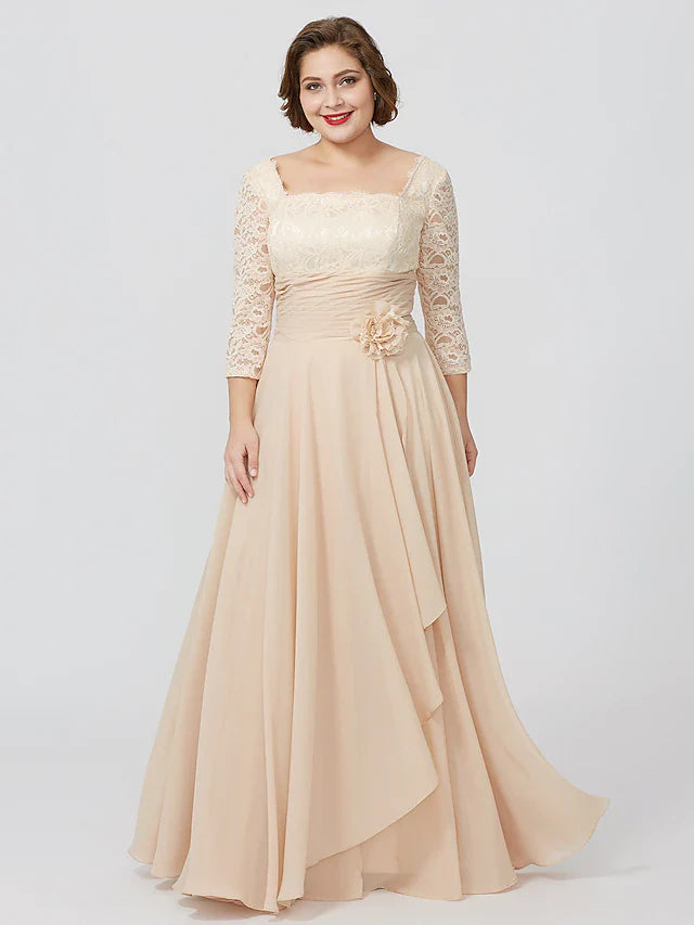 Wholesale Sheath / Column Mother of the Bride Dress Formal Classic & Timeless Elegant & Luxurious Plus Size Square Neck Floor Length Chiffon Metallic Lace 3/4 Length Sleeve No with Sash / Ribbon Flower
