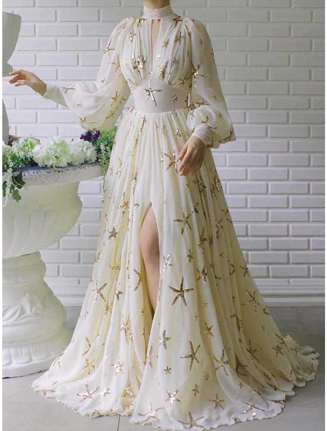 Wholesale Women's Sequin Dress Prom Dress Party Dress Sparkly Dress Homecoming Dress Long Dress Maxi Dress Light Yellow Long Sleeve Star Fall Winter Stand Collar Modern Fall Dress