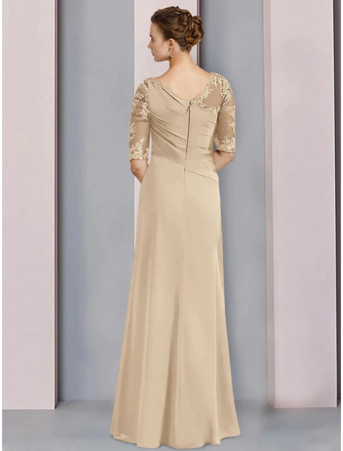 Wholesale Sheath / Column Mother of the Bride Dress Wedding Guest Elegant Scoop Neck Floor Length Chiffon Half Sleeve with Lace Ruffles Ruching